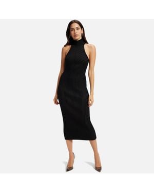 GOOD AMERICAN Ribbed-Knit Halterneck Midi Dress - Black
