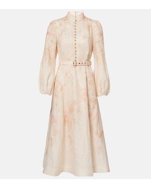 Zimmermann Floral Balloon-Sleeve Linen Midi Dress - Natural