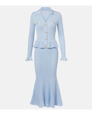 Self-Portrait Pointelle Peplum Midi Dress - Blue