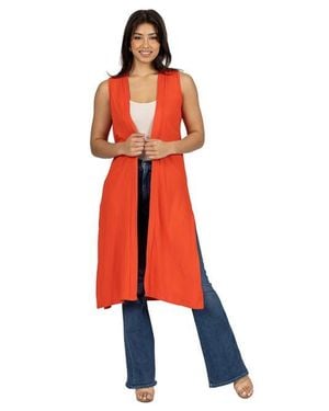24seven Comfort Apparel Sleeveless Long Cardigan Vest With Side Slit - Red