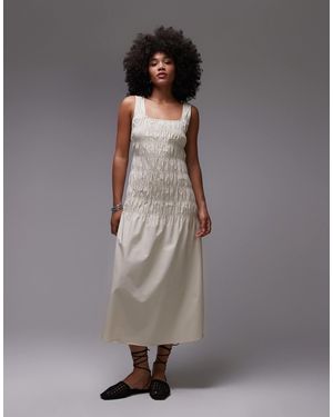 ARKET Robe mi-longue en coton majoritaire à taille basse et corsage smocké - beige - Gris