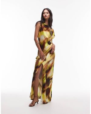 TOPSHOP Robe mi-longue en satin torsadée à l'épaule avec dos nu - imprimé abstrait - Métallisé