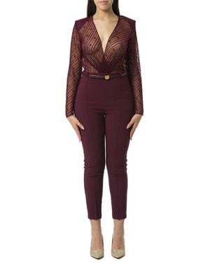 Elisabetta Franchi Diagonal Pattern Flocked Tulle Combined Jumpsuit - Red