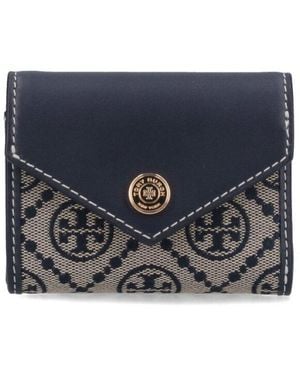 Tory Burch Leather And T Monogram Fabric Wallet - Blue