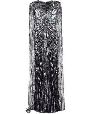 Jenny Packham Sequin-Embellished Cape Maxi Dress - Grey