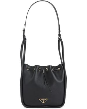 Prada Small Logo-Plaque Drawstring Tote Bag - Zwart