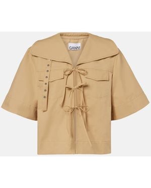 Ganni Bow-Detail Cotton And Linen Top - Natural