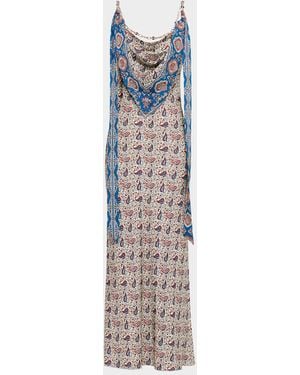 Rabanne Paisley Scarf Cowl-Neck Satin Chain Maxi Dress - White