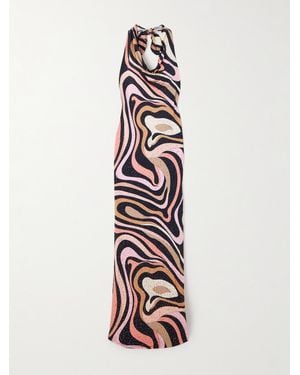 Emilio Pucci Robe Longue Dos Nu En Jersey Satiné Imprimé À Cristaux Marmo - Blanc