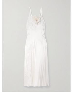 Rodarte Embellished Lace-Trimmed Silk-Satin Midi Dress - White
