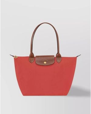 Longchamp "Foldable" Tote Bag Featuring Leather Trim - Red