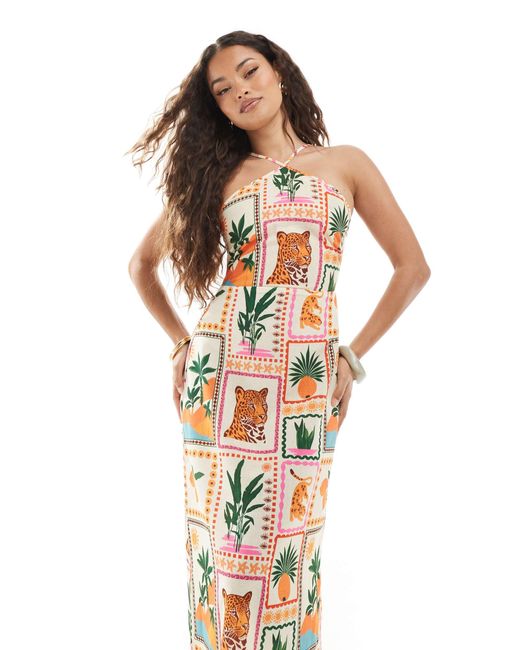 Robe longue à encolure américaine - imprimé tropical carte postale Vero Moda en coloris White