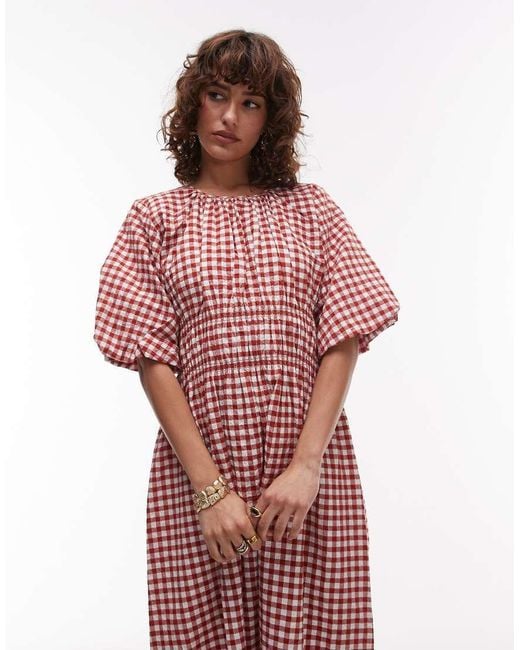 Vestido Midi A Cuadros Vichy Blancos Y Rojos Con Cuerpo Fruncido Y Mangas Abullonadas De Tejido Rico En Algodón De ARKET de color Red