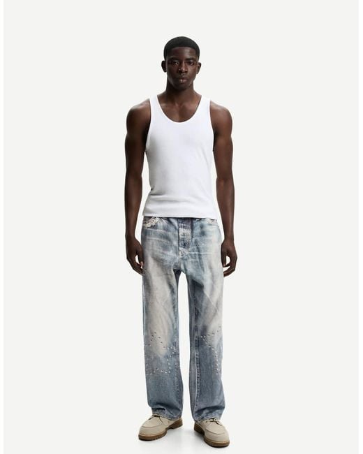 Bershka White baggy Printed Jeans for men