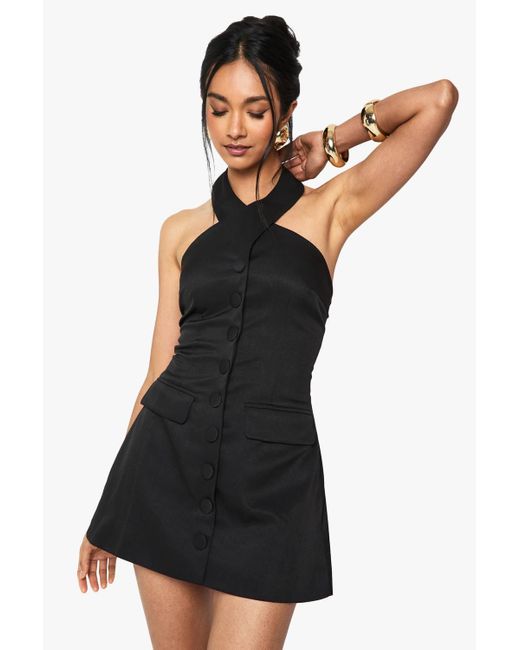 Boohoo Black Halterneck Tailored Micro Mini Dress