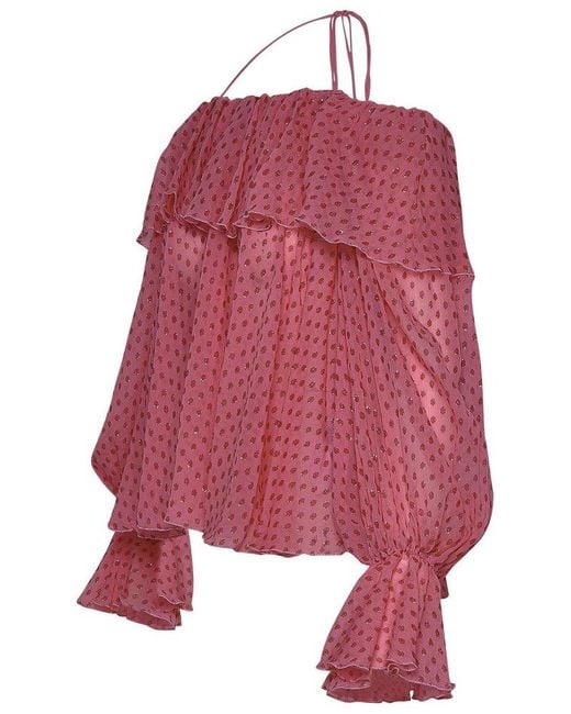 Blumarine Red Ruffled Off-shoulder Long-sleeved Blouse