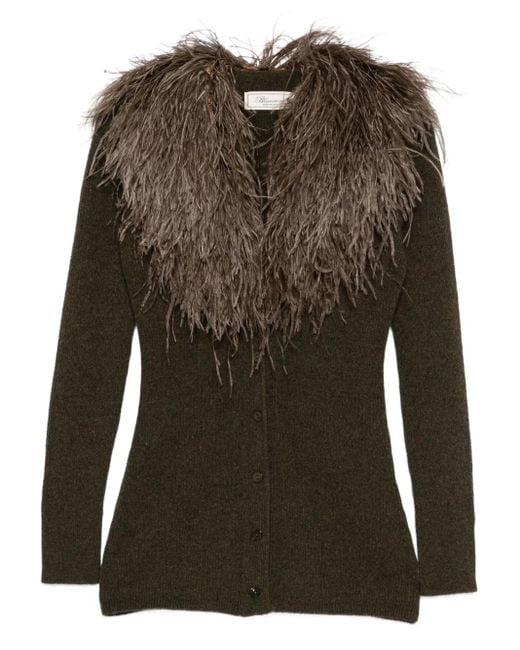Blumarine Green Feather-Trimmed Wool Cardigan