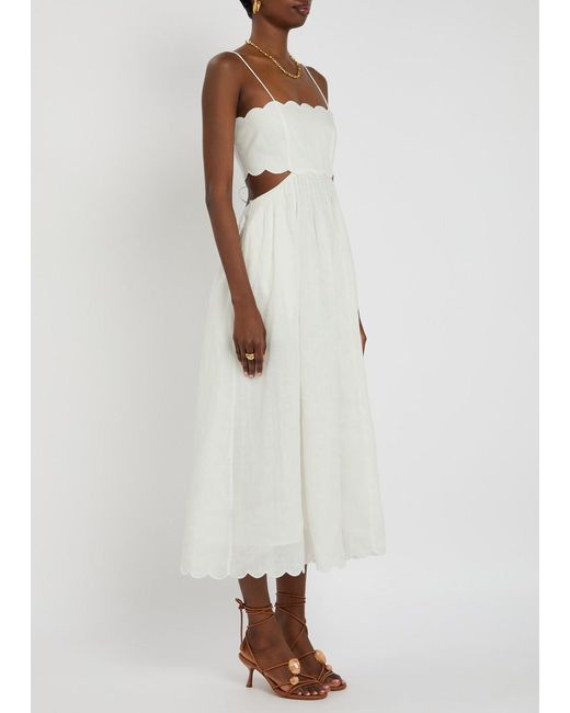 Zimmermann White Rhiannon Scallop Linen Midi Dress