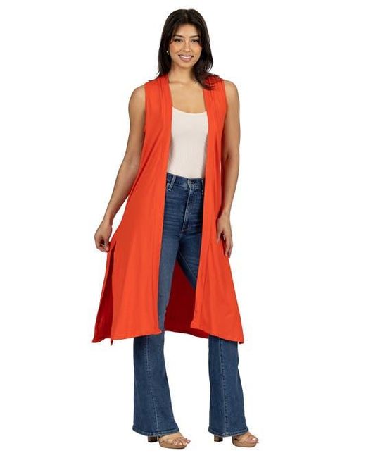 24seven Comfort Apparel Red Sleeveless Long Cardigan Vest With Side Slit