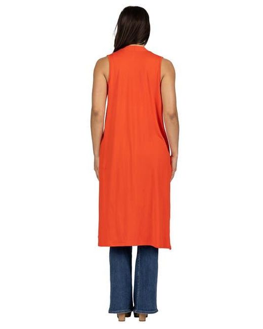 24seven Comfort Apparel Red Sleeveless Long Cardigan Vest With Side Slit